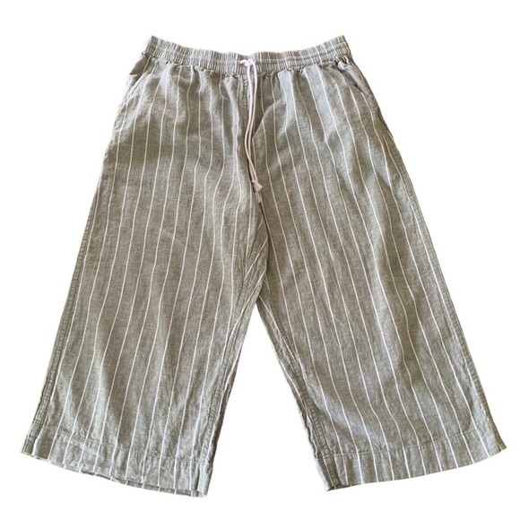 Beachlunchlounge Olive Green Striped Linen Cotton Drawstring Cropped Pant Sz L - Picture 4 of 9